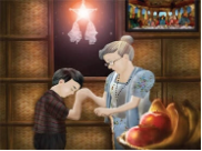 A painting of a boy holding his grandmother's hand to his forehead.